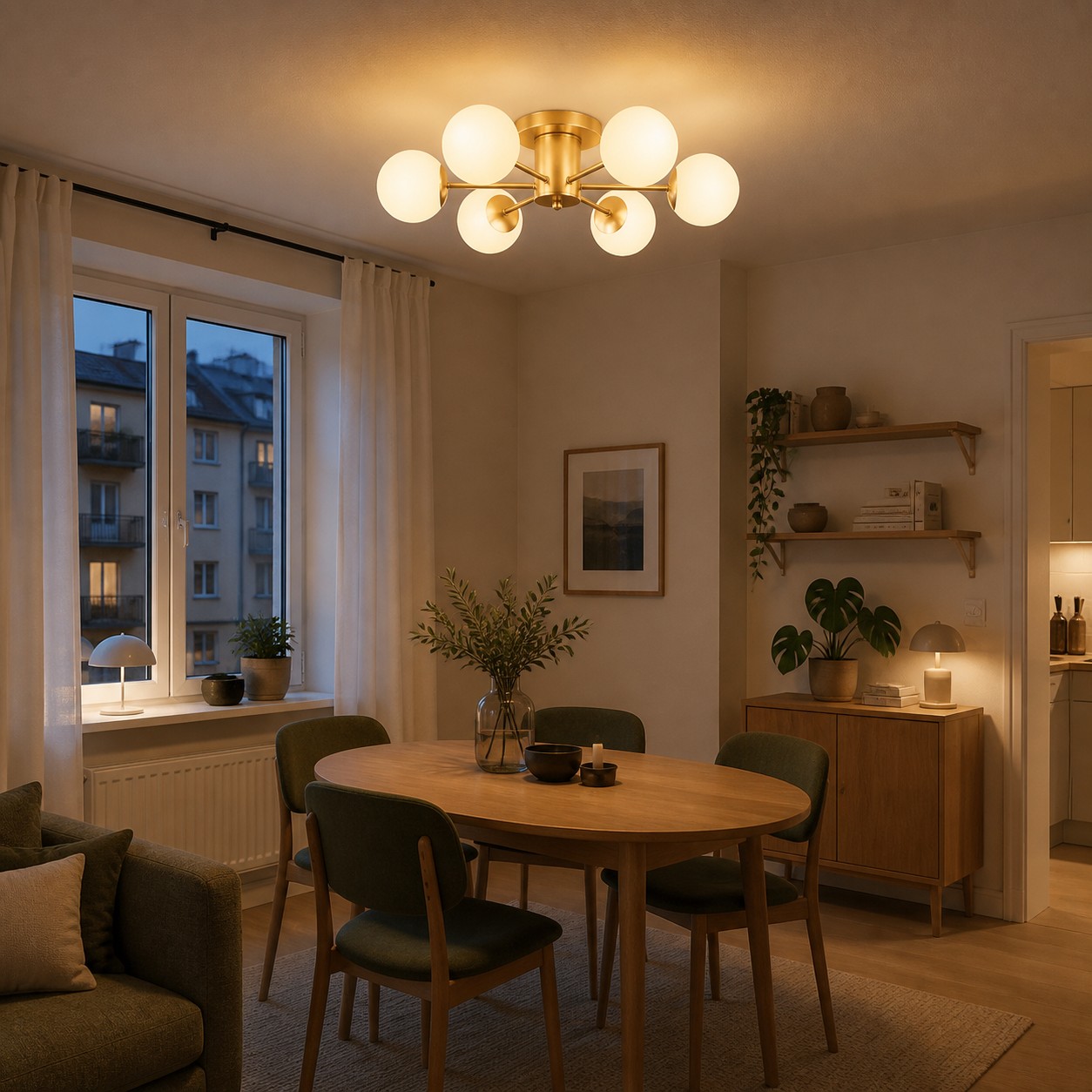 Deckenleuchte aus goldfarbenem Eisen und Glas über einem kompakten Esstisch