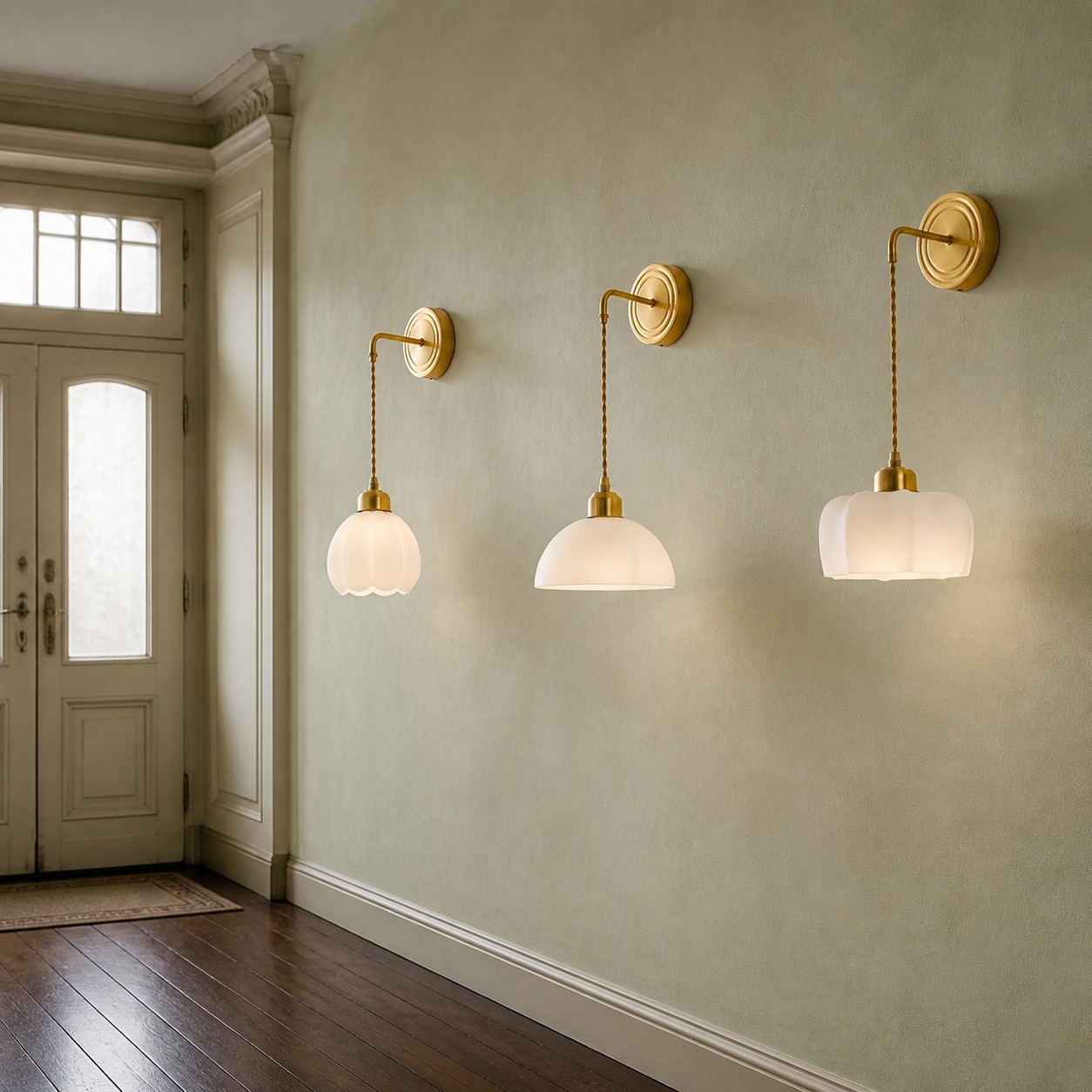 Three copper and glass wall sconce shade styles in an entrance