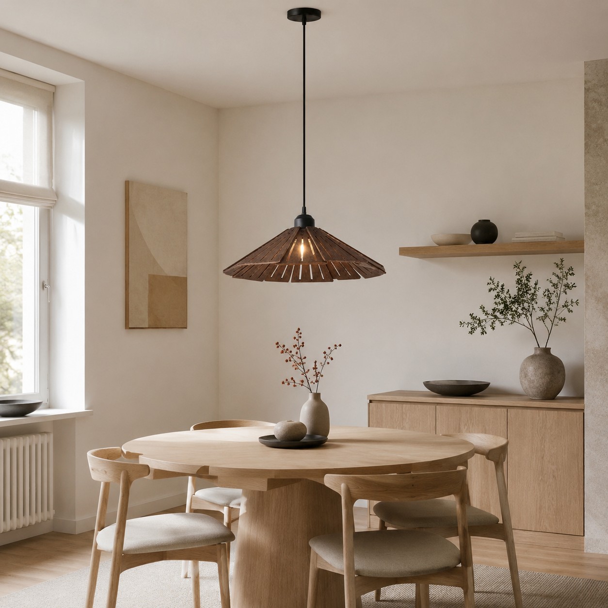 Hanglamp met enkele houten latten boven een eettafel met daglicht