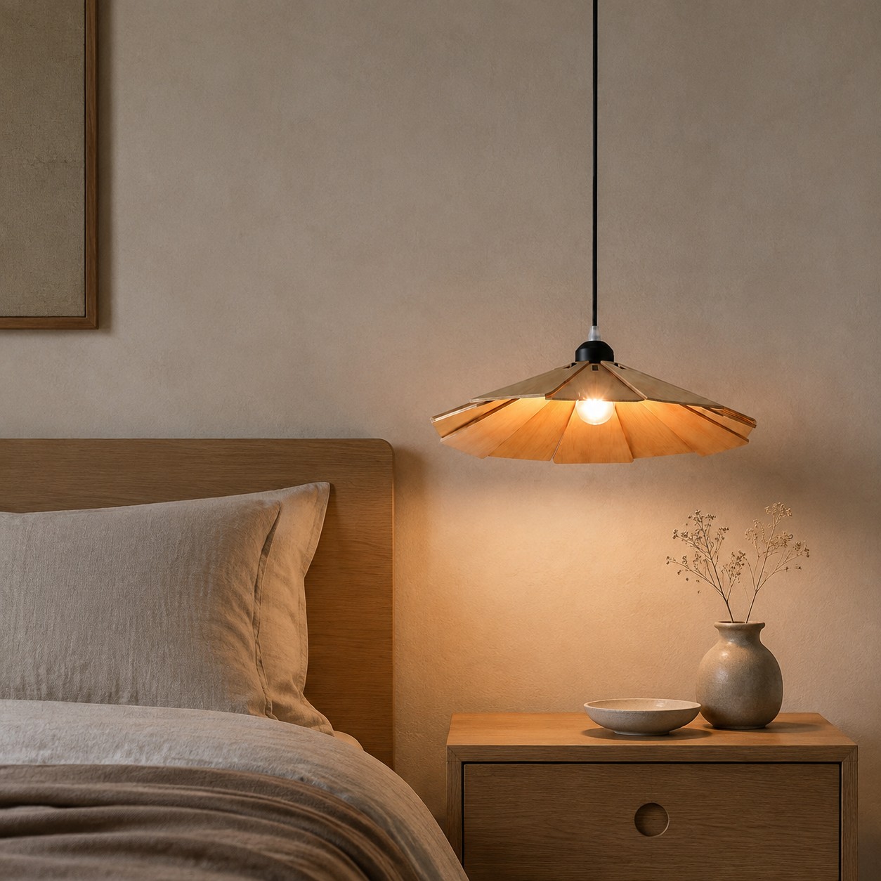 Hanglamp van lattenhout naast een slaapkamerbed.