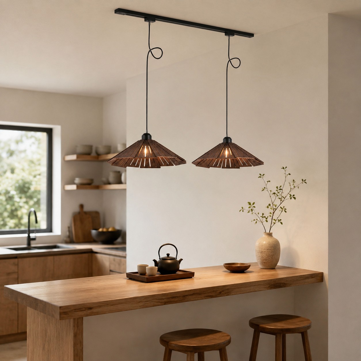Twee hanglampen van lattenhout boven een keuken- of theetafel.
