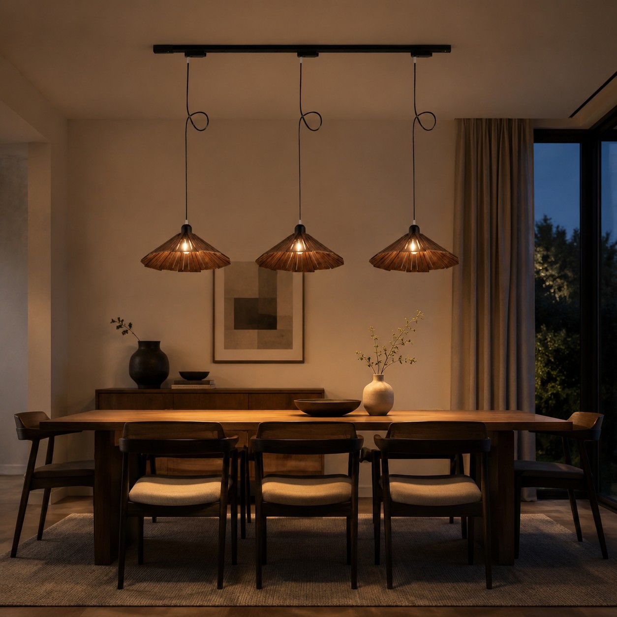 Drie houten hanglampen boven een lange eettafelleuning.