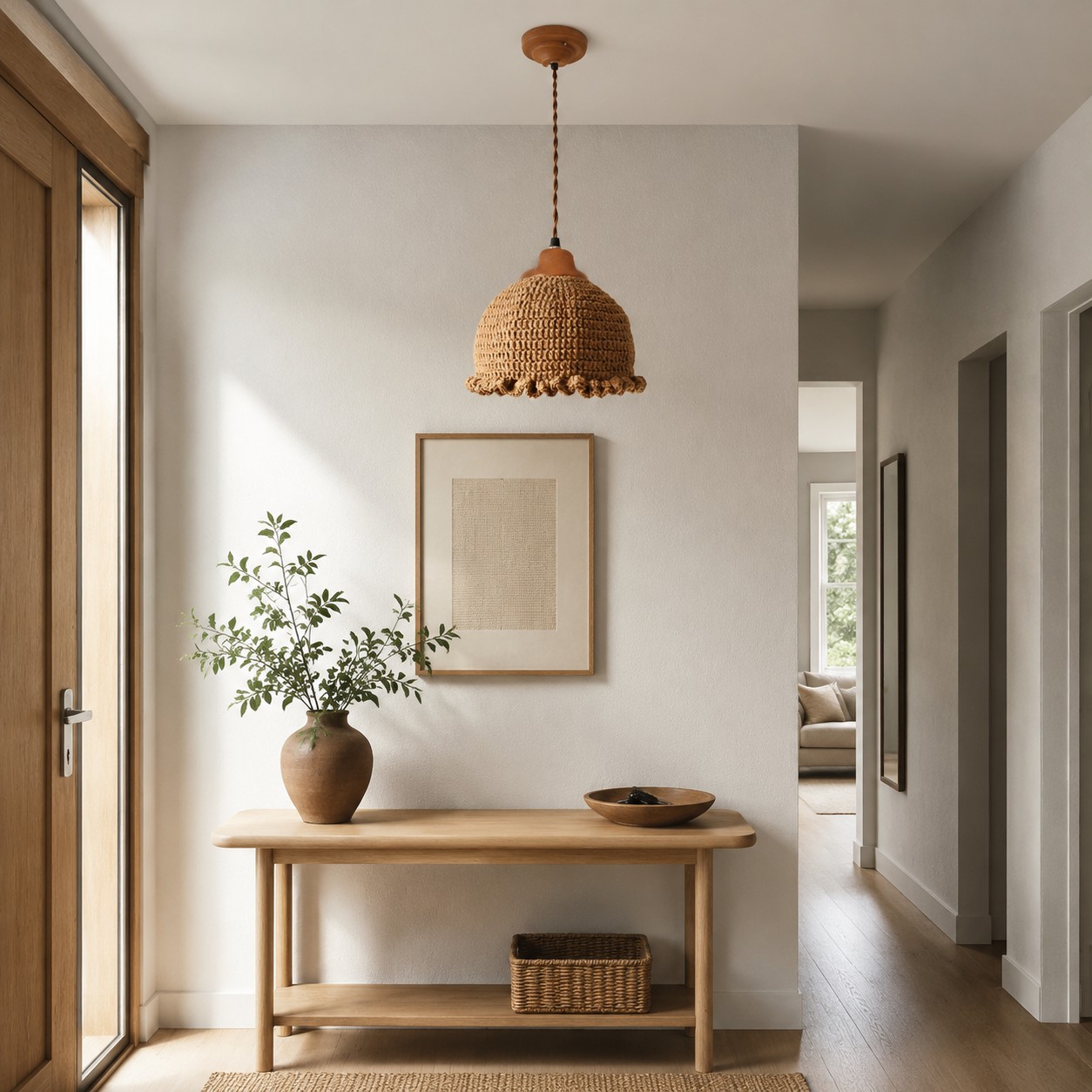 Natural Brown woven pendant in a bright entryway