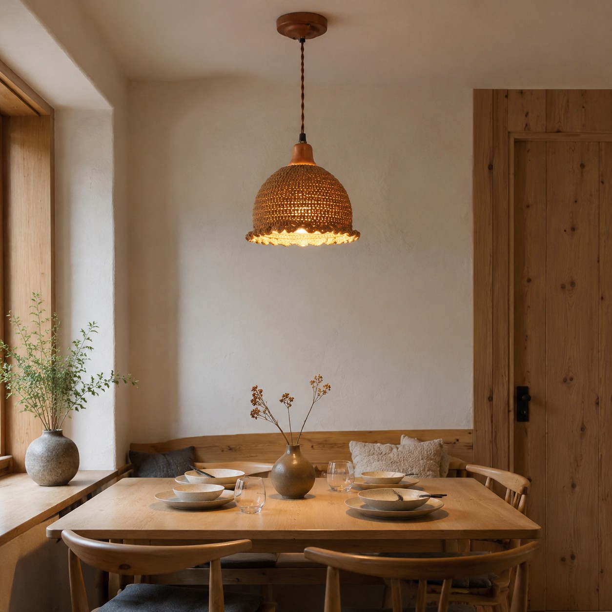 Natural Brown woven pendant above a small dining table