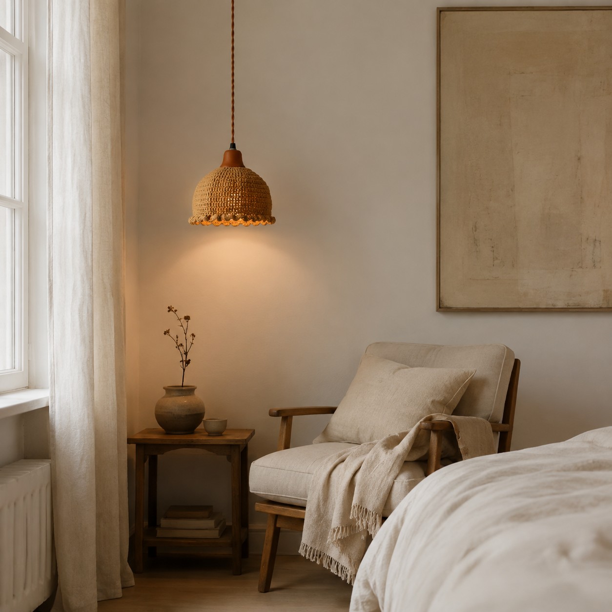 Natural Brown woven pendant in a bedroom reading corner