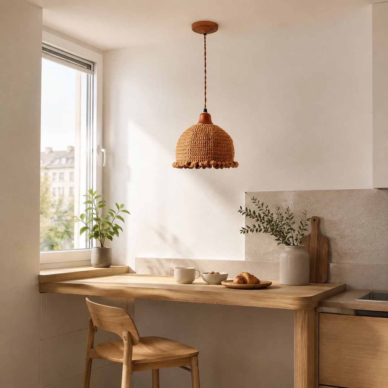 Natural Brown woven pendant in a compact breakfast corner