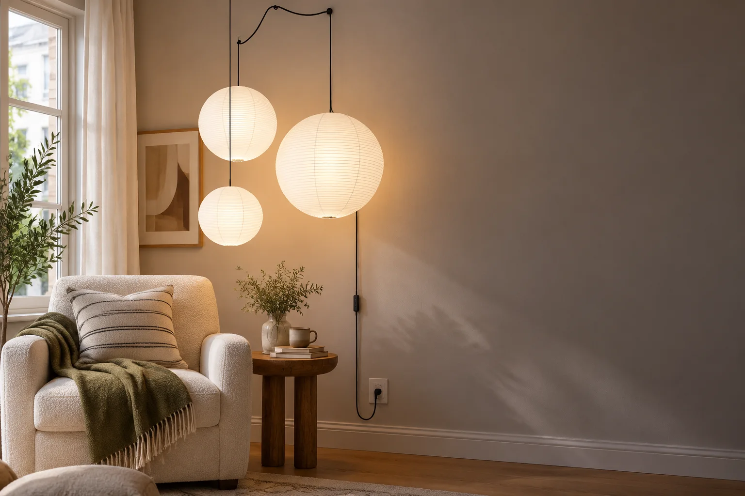 Handcrafted paper plug-in pendants lighting a reading corner