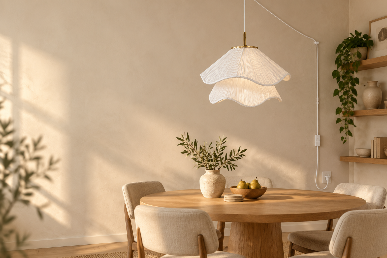 Layered pleated plug-in pendant in a warm dining room