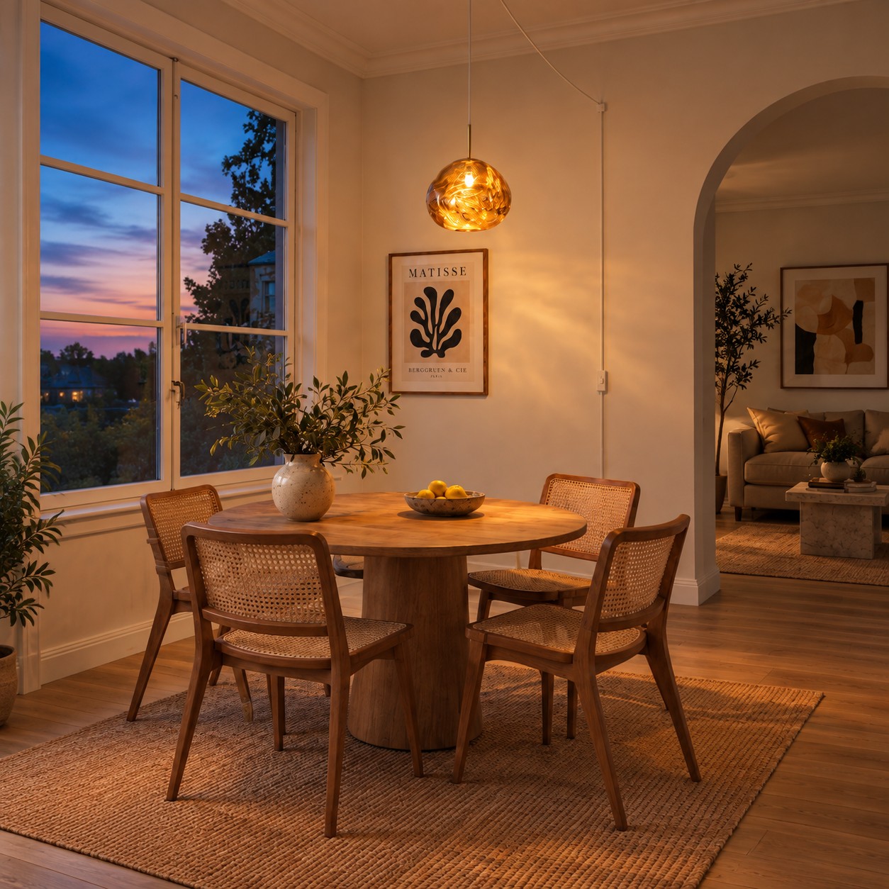 Warm plug-in pendant lighting a dining room