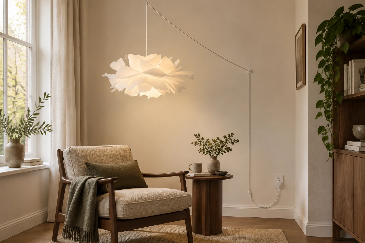 Sculptural flower plug-in pendant in a warm reading corner