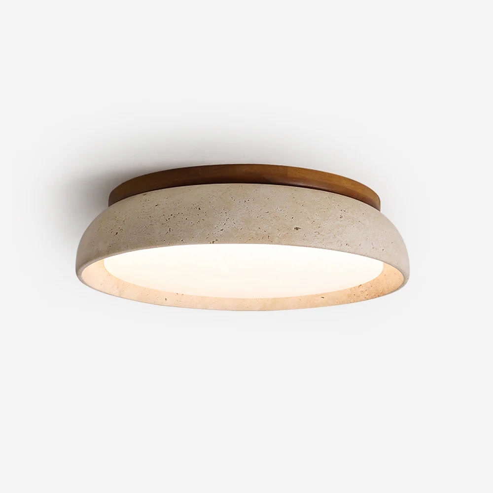 Scandinavian Travertine Flush Mount Ceiling Light with Wood Trim for Bedrooms and Hallways, 30 or 43 cm (11.8 or 16.9 in)