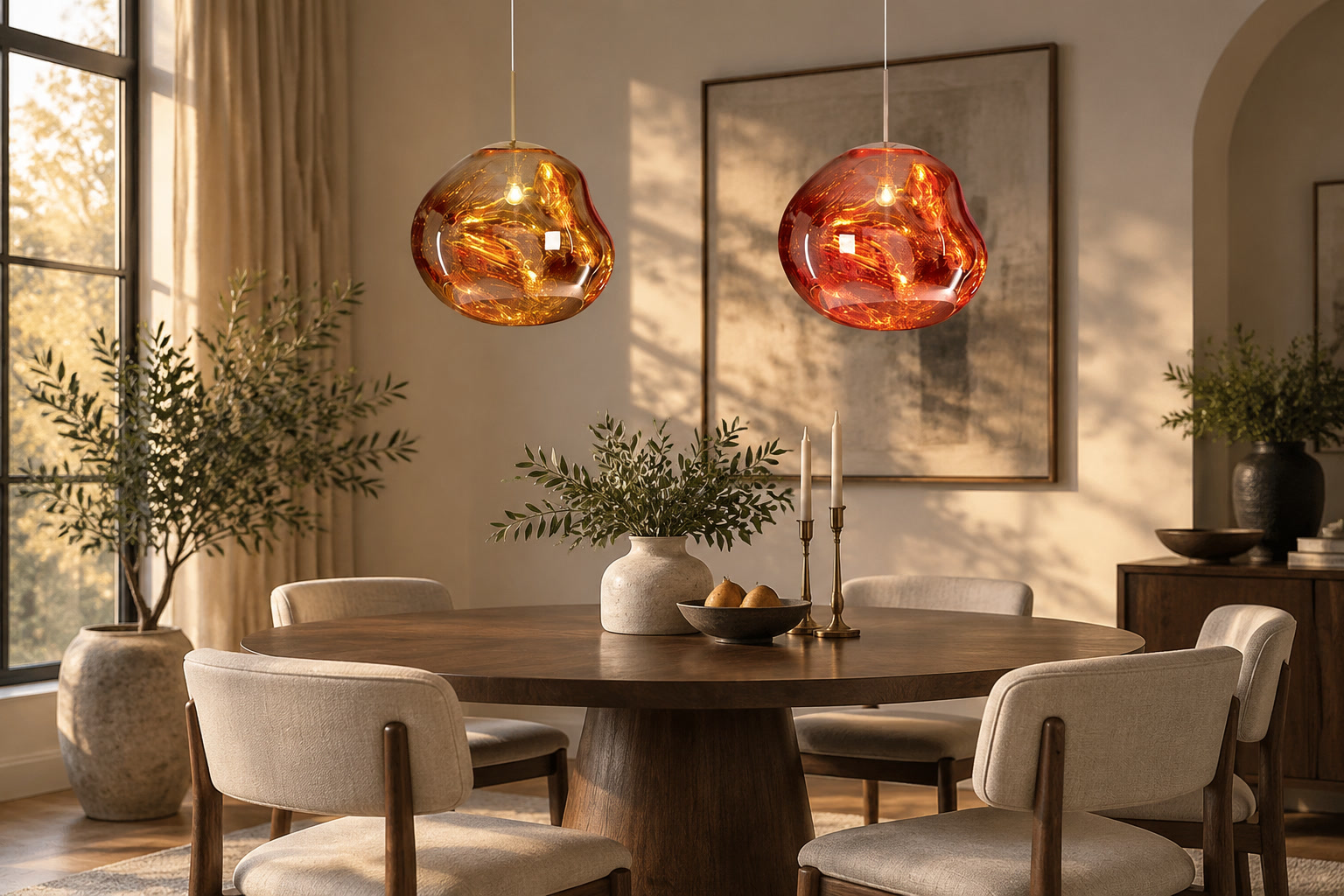 Reflective Lava glass pendant in a dining room