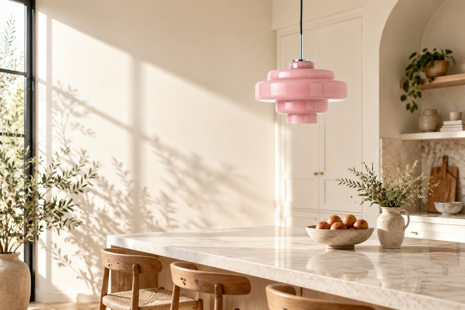 Koloro Millie pink pendant above a warm kitchen island