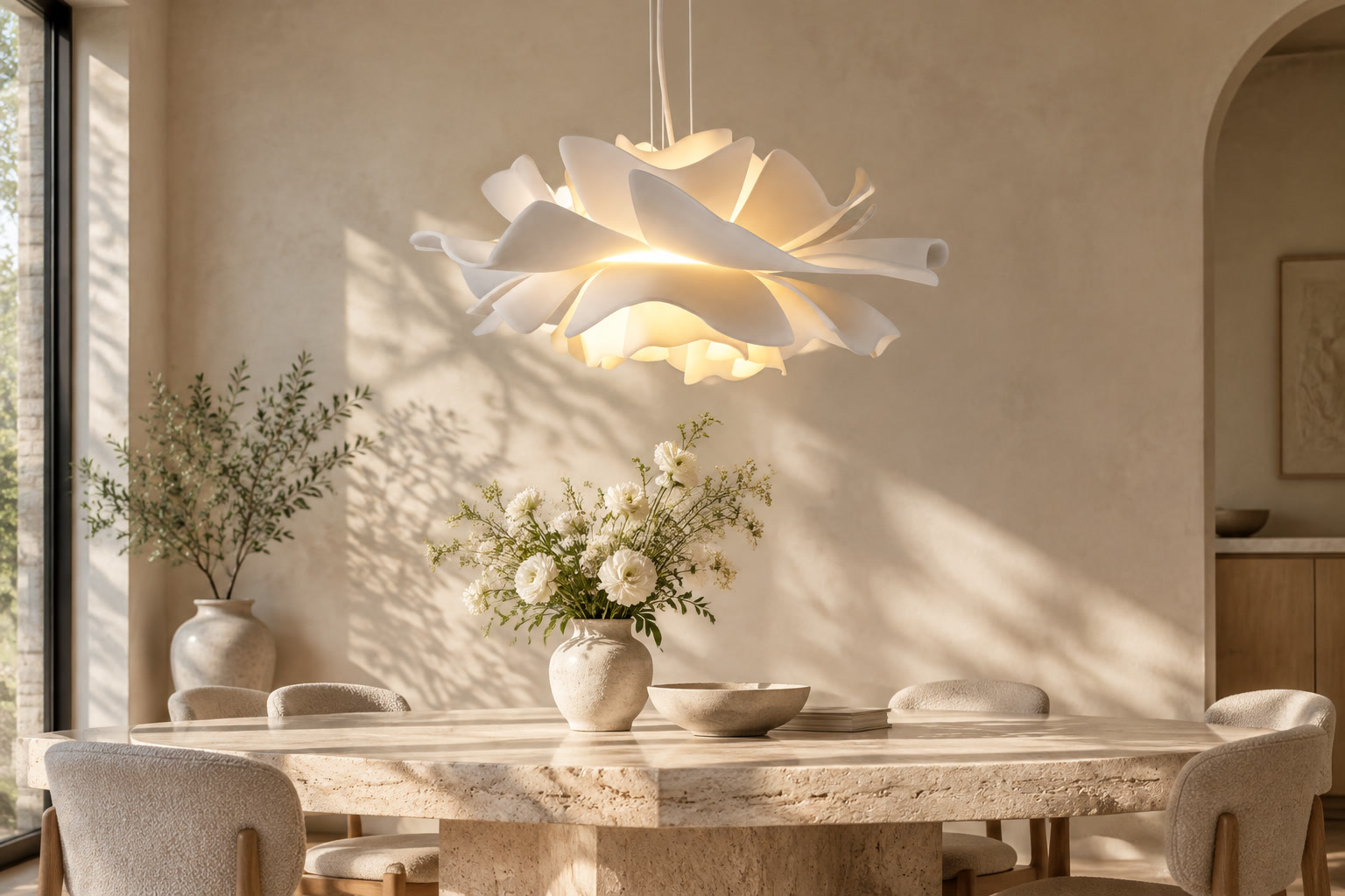Lotus Bloom pendant above a travertine dining table
