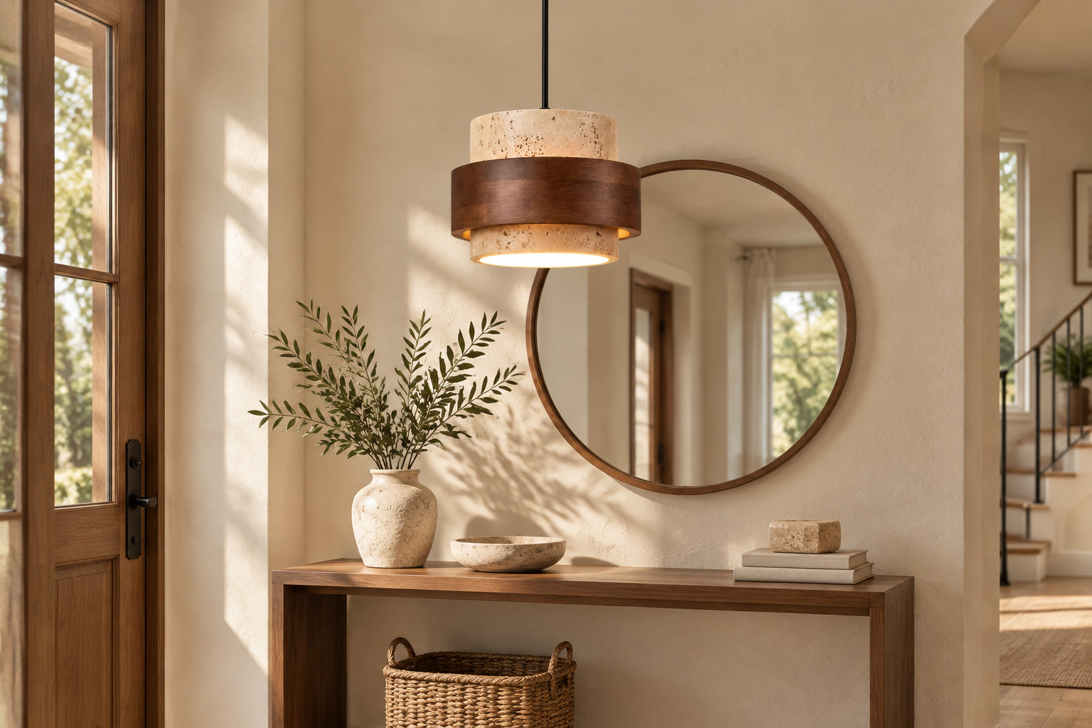 Stonel travertine pendant in a bright entryway