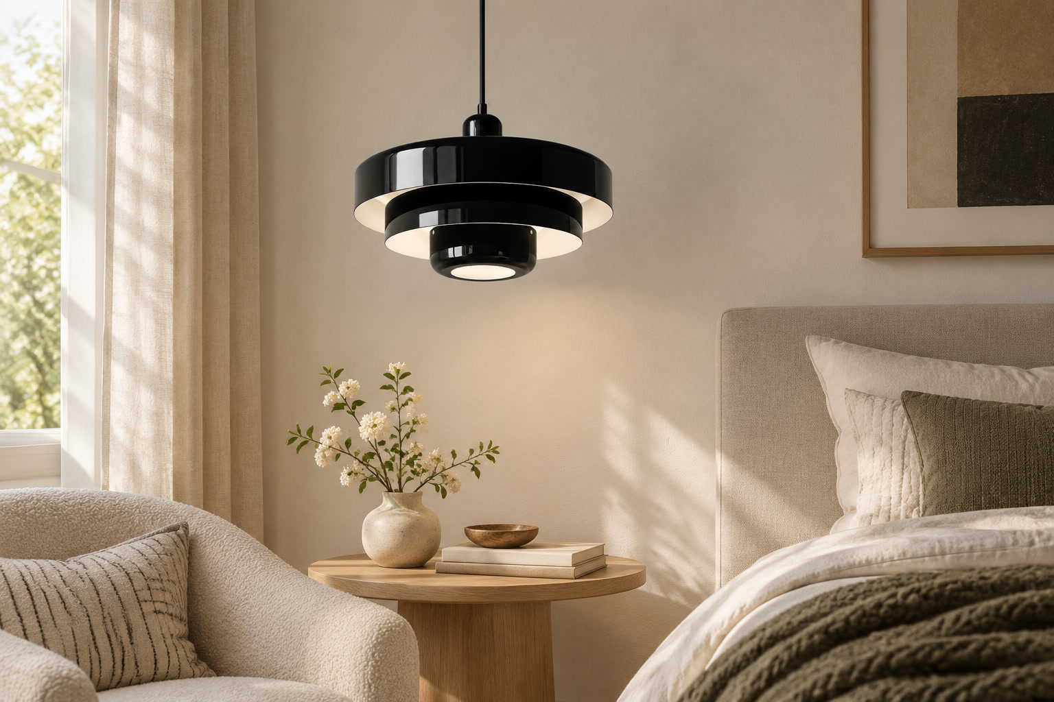 Layered pendant light above a quiet bedroom