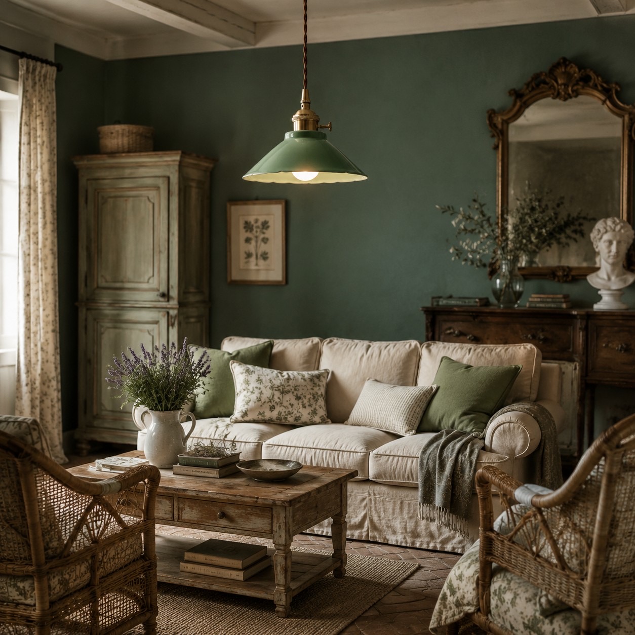 Plum green ceramic pendant light in a vintage living room
