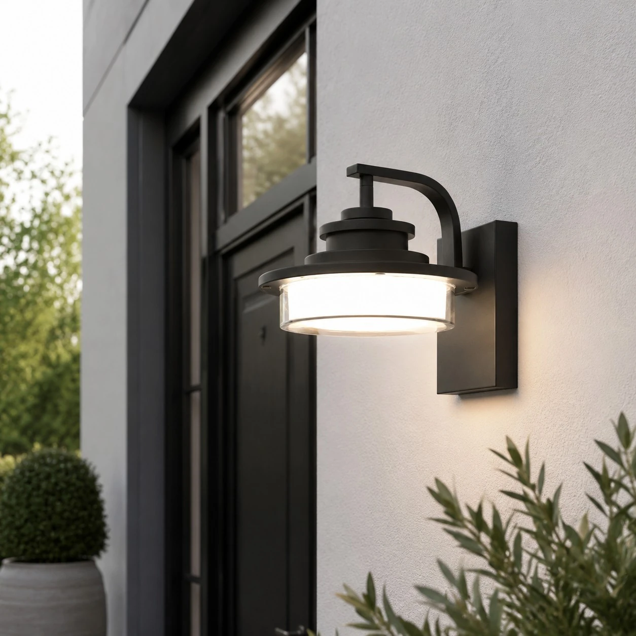 Round outdoor wall light installed beside a window