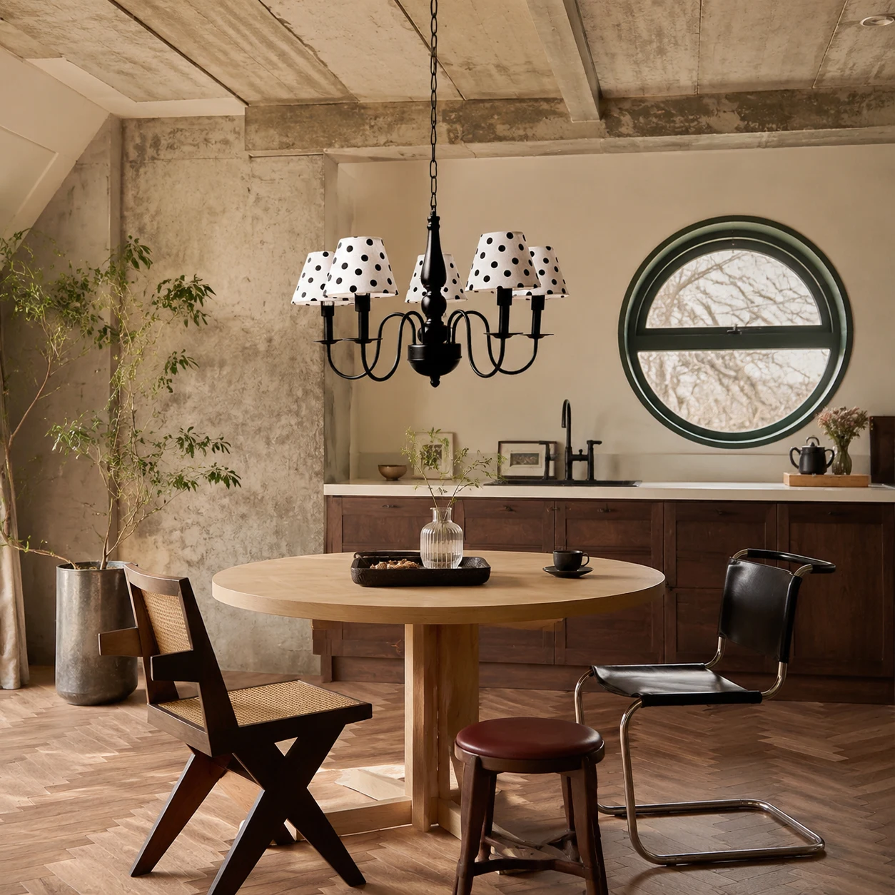 Polka dot chandelier installed in a warm dining and kitchen space