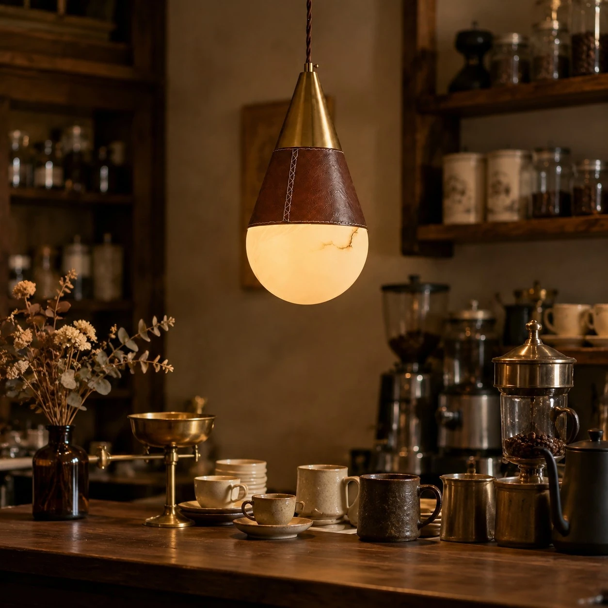 Vintage Leather Faux Marble Teardrop Pendant Light for Dining Rooms and Bedside