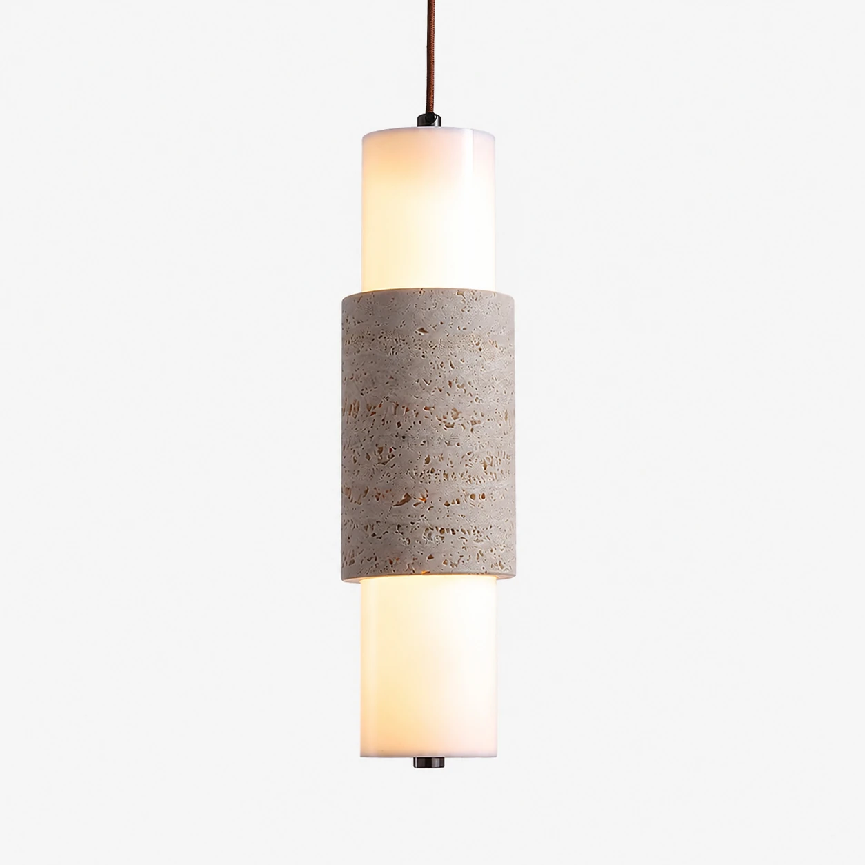 Yellow travertine cylinder pendant lamp with warm frosted diffuser
