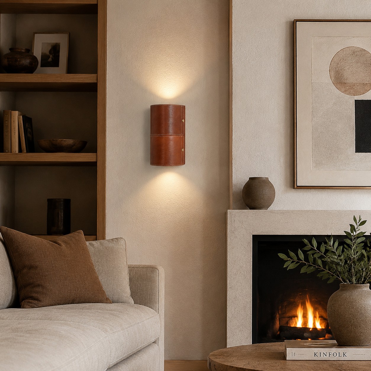 Brown leather wall sconce installed in a bedroom seating area