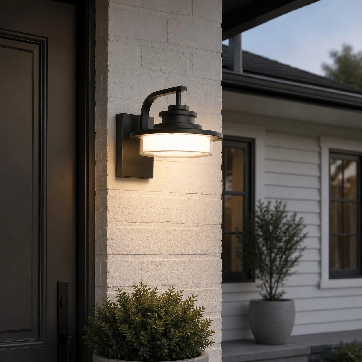 Round outdoor wall light installed at an entry