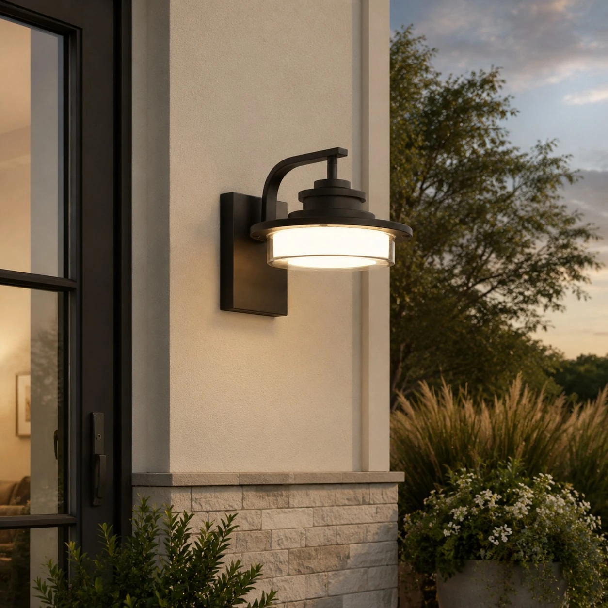 Round outdoor wall light on a porch wall