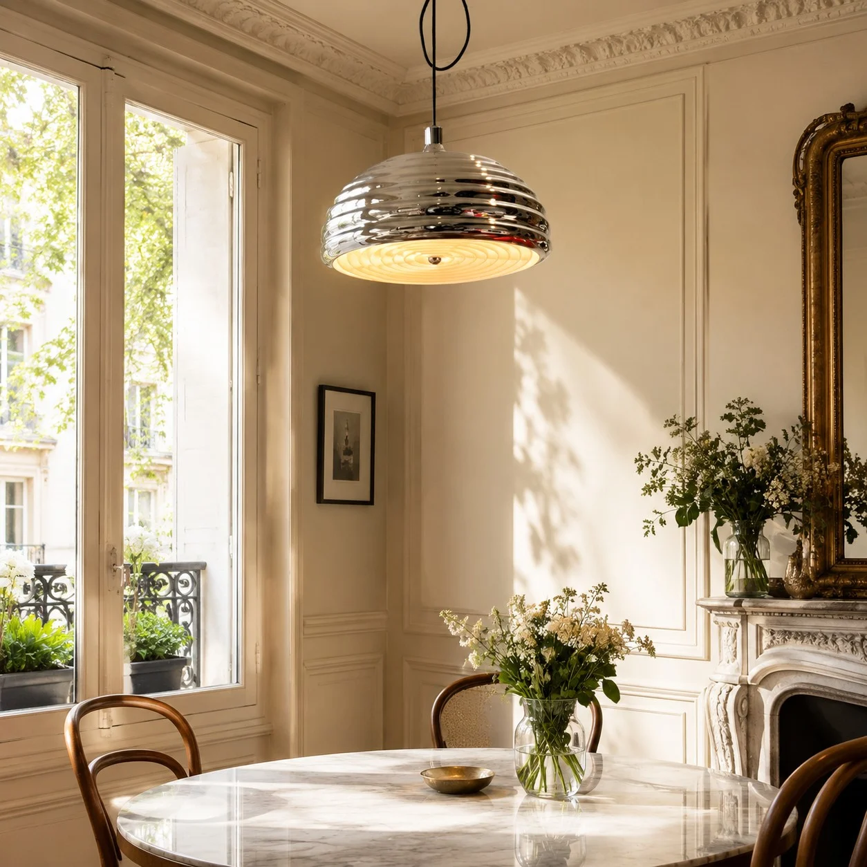 Polished chrome pendant light above a round table by tall windows