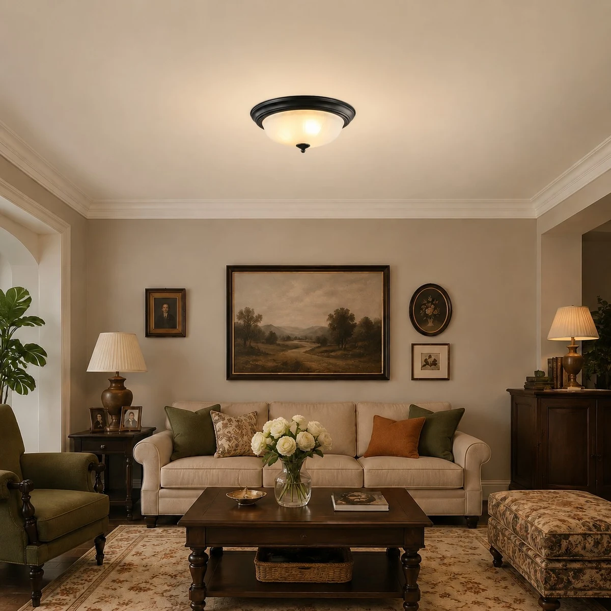 Vintage scrollwork ceiling light glowing in a living room