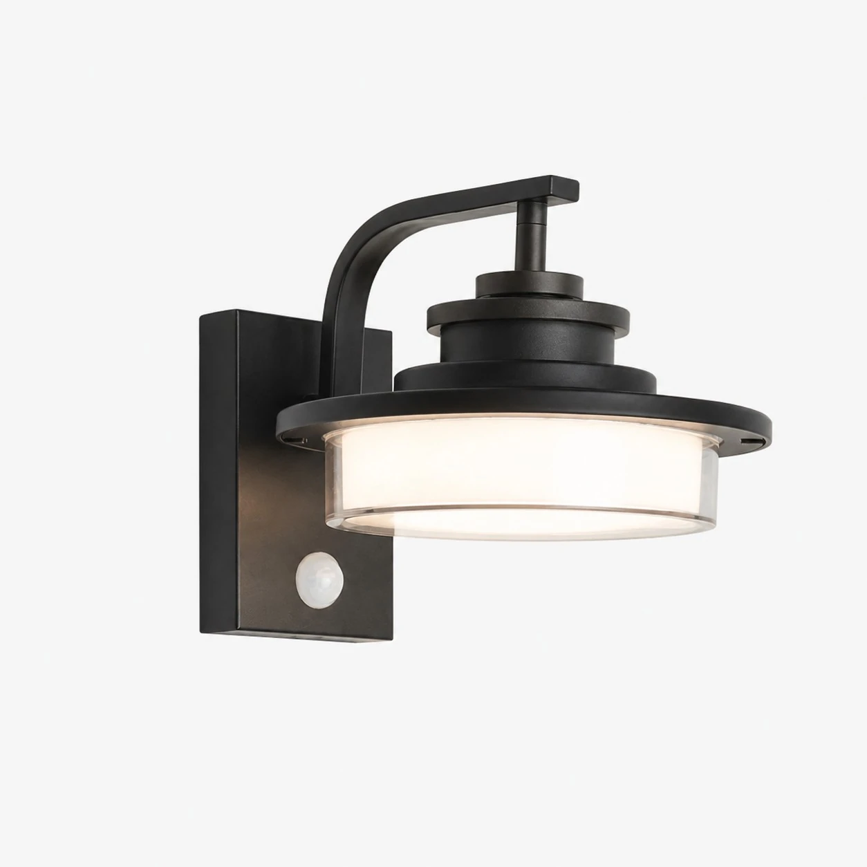 Round black outdoor wall light with motion sensor