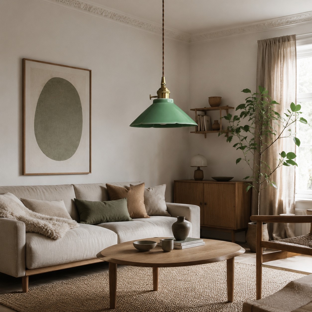 Green ceramic pendant light in a warm seating area