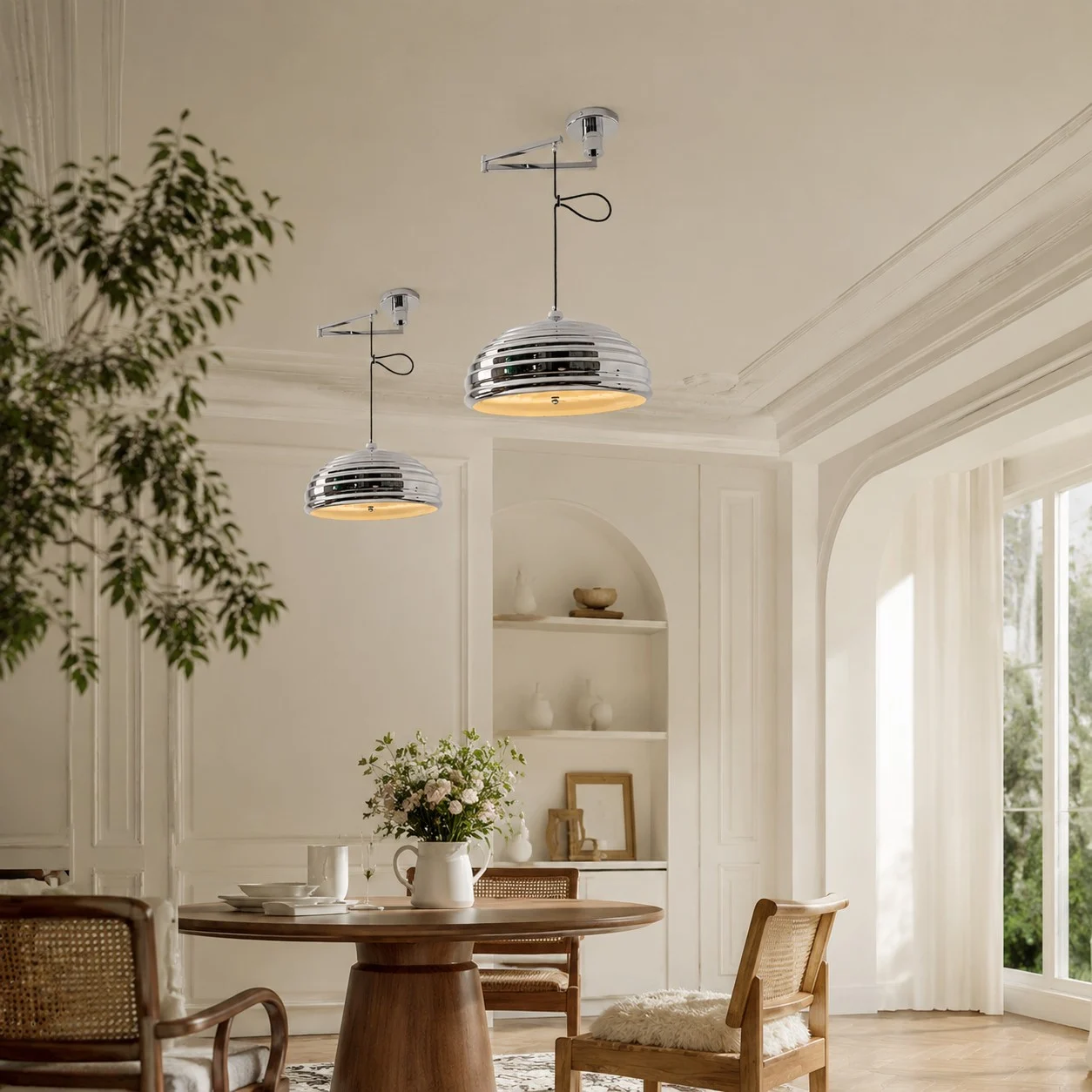 Chrome pendant lights in a sunlit Bauhaus inspired dining room