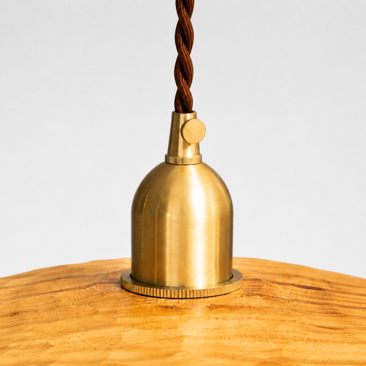 Close view of the brass-tone lamp holder and braided cord
