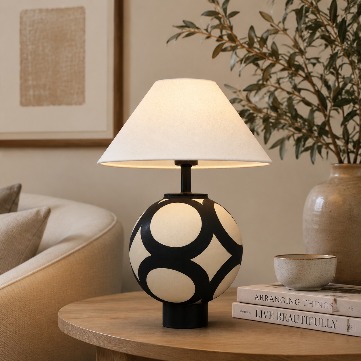 ceramic globe table lamp in warm lounge setting