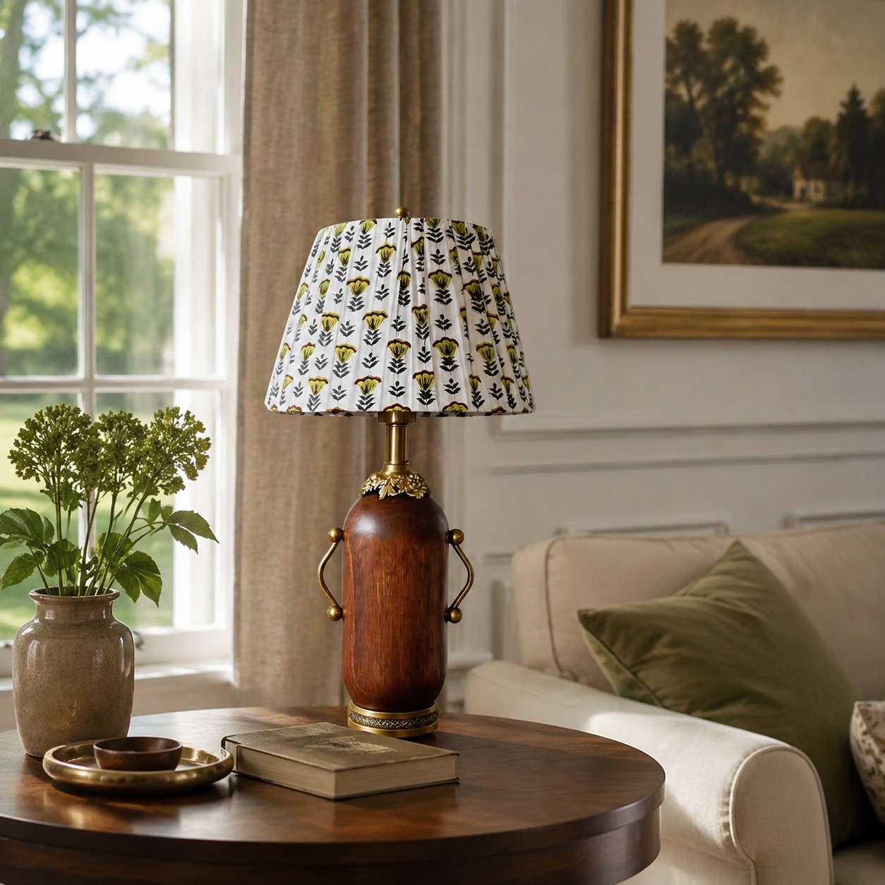 Deep brown floral table lamp styled on a round side table