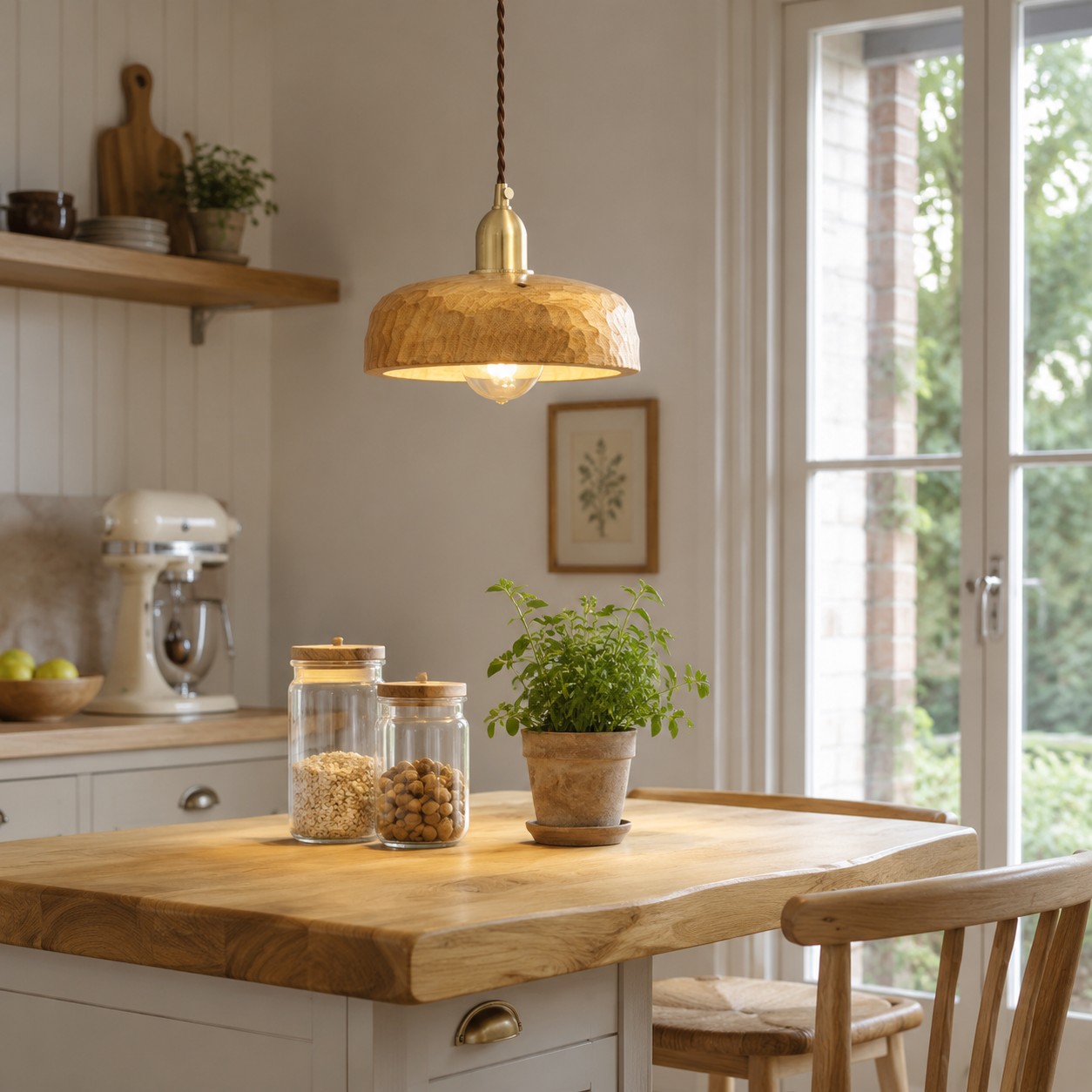 Close view of the hand-carved natural wood shade texture