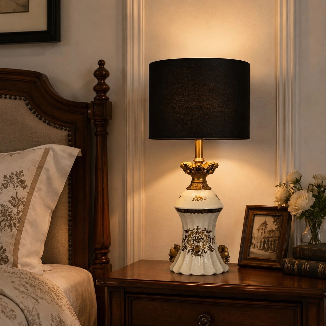 Gold motif ceramic table lamp on a bedside table