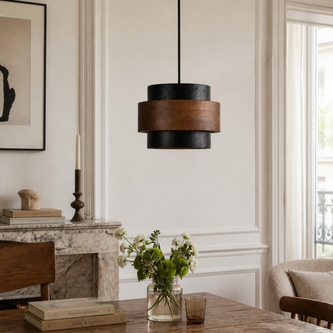Layered travertine and wood pendant lamp in a refined living space