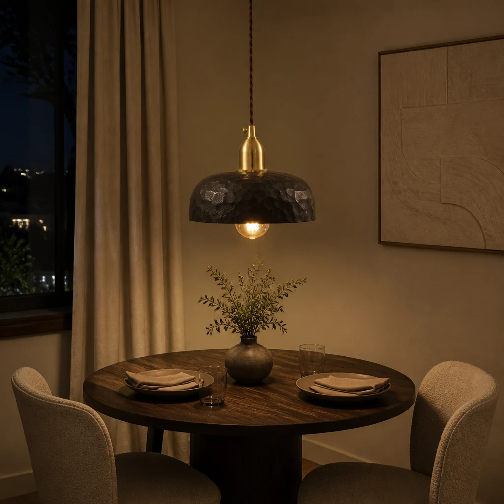 Black Wabi-Sabi pendant light over a compact dining table at night