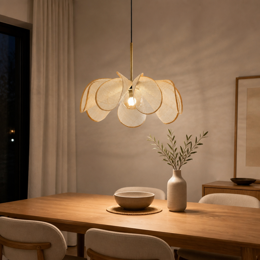 Natural cream handwoven petal pendant light above Japandi dining table, 60 cm