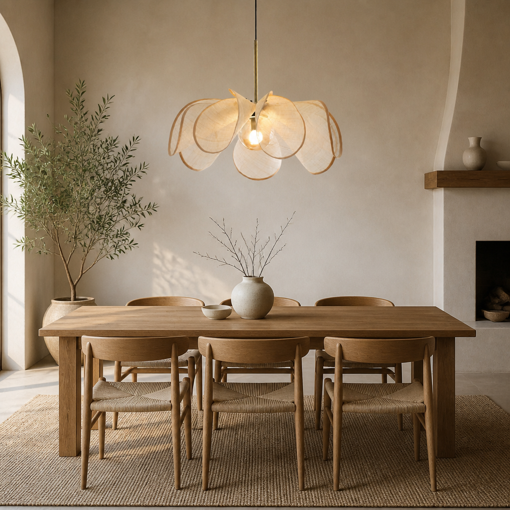 Natural cream petal pendant light above large dining table, 80 cm scale