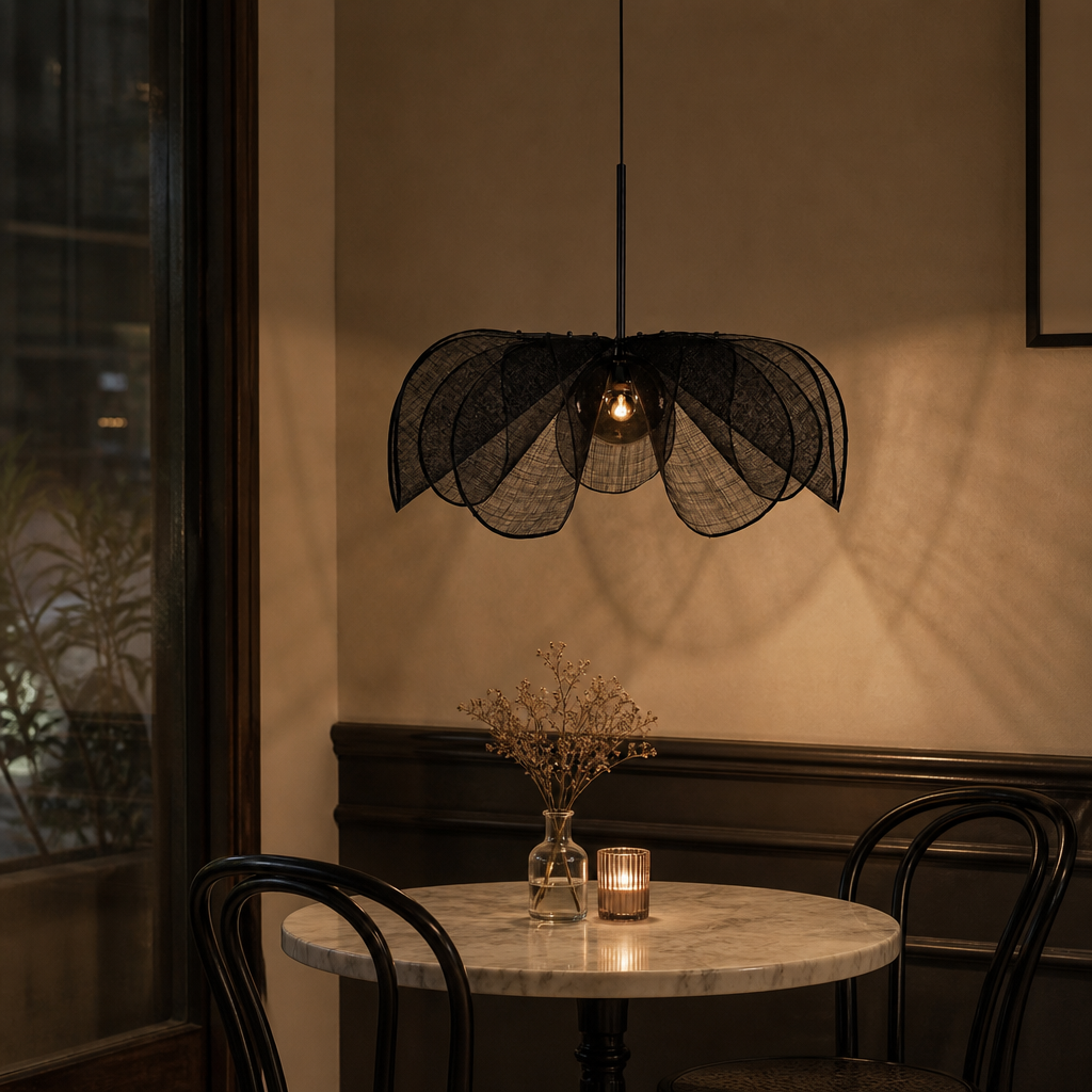 Black handwoven petal pendant light in cafe corner, 60 cm