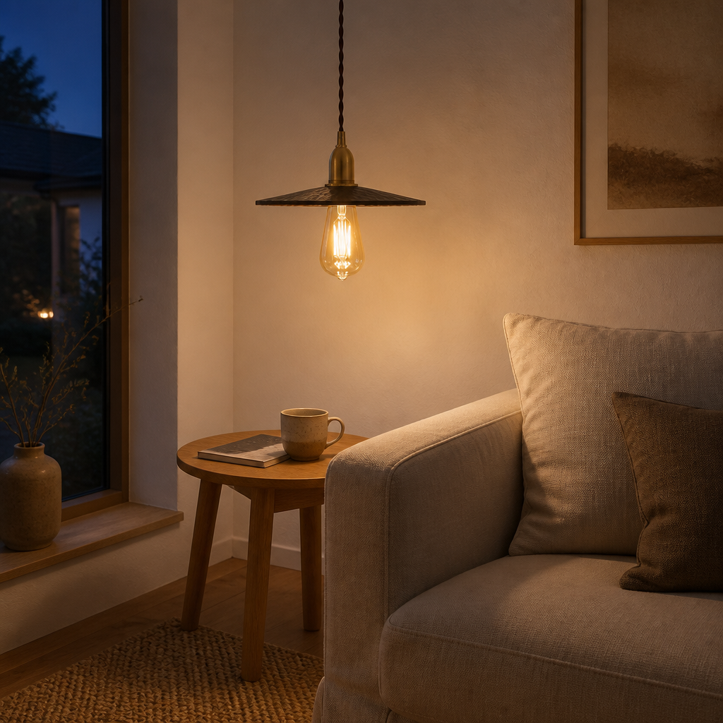Walnut pendant light in a Wohnzimmer reading corner