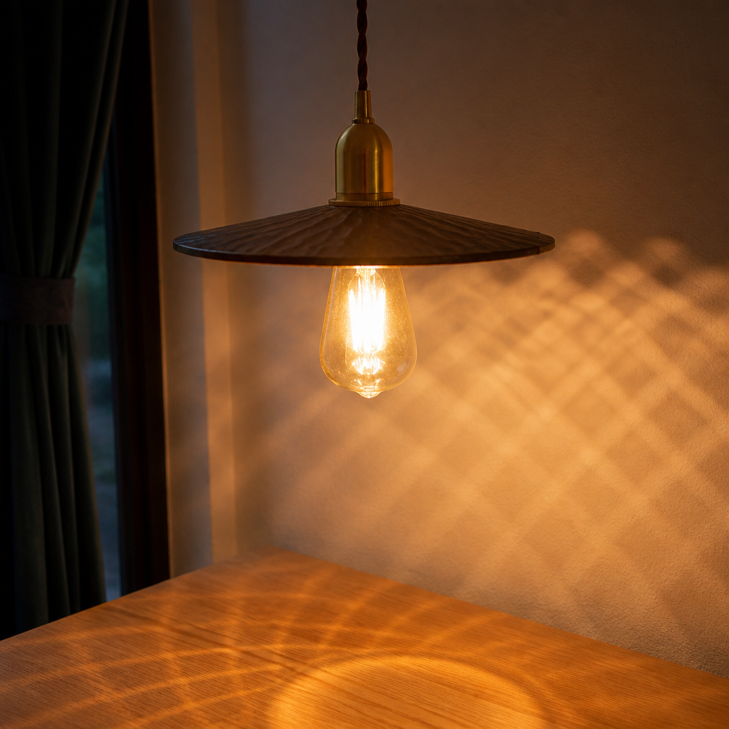 Hand-carved walnut shade with warm light and shadow detail