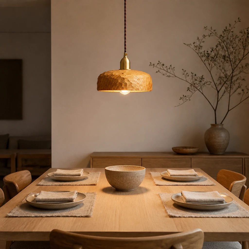 Natural Wood Wabi-Sabi pendant light over a Japandi dining table