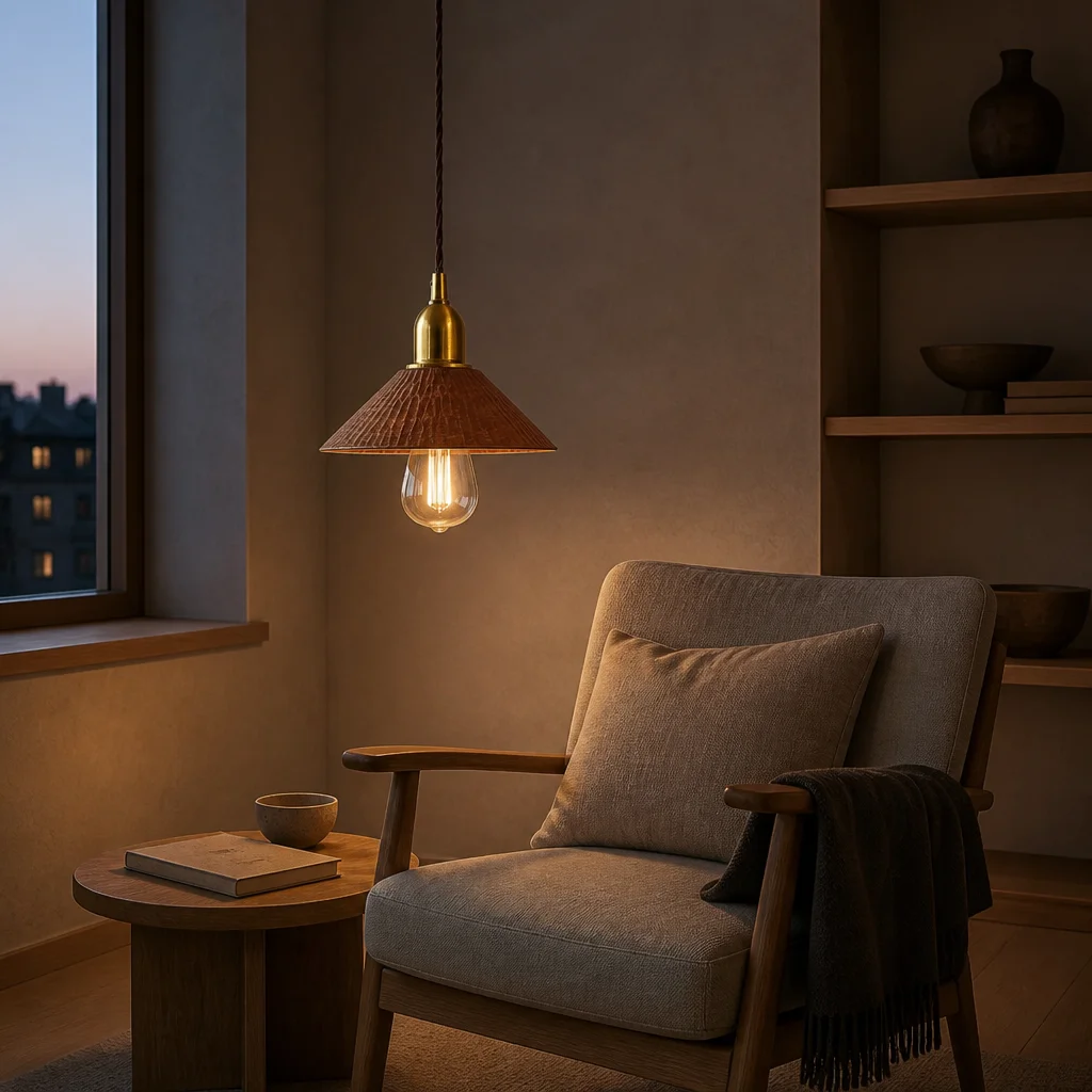 Cherry wood pendant reading corner dusk