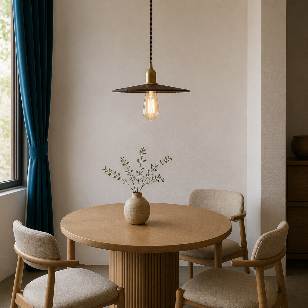 Walnut pendant light above a Japandi dining table