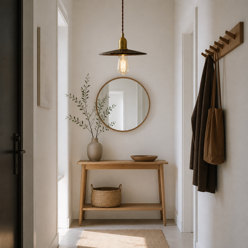 Walnut pendant light in a hallway above a console