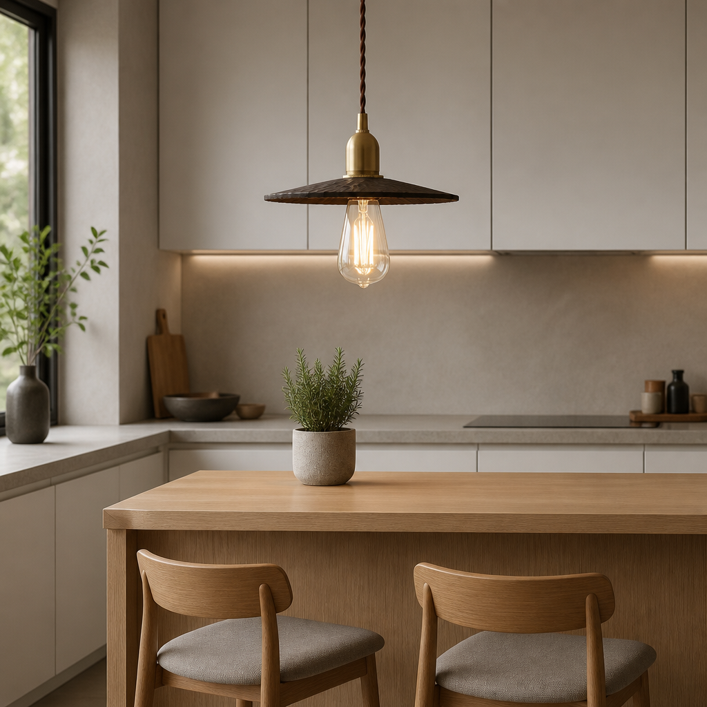 Walnut pendant light over a kitchen island